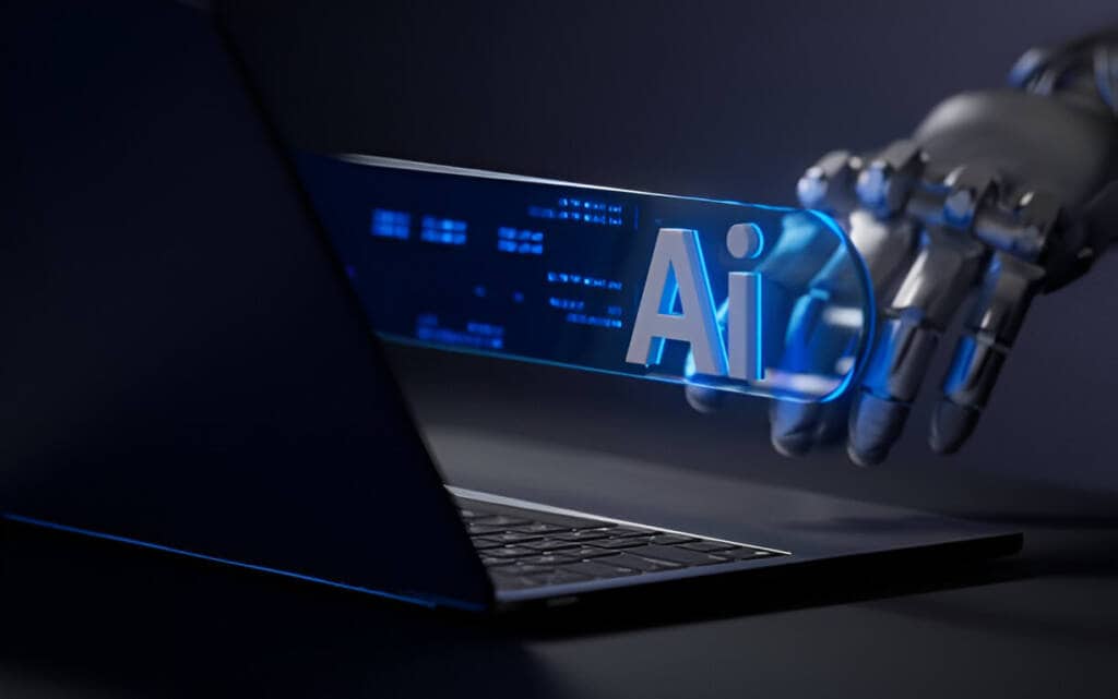 AI popping out of a computer screen in a futuristic digital theme.